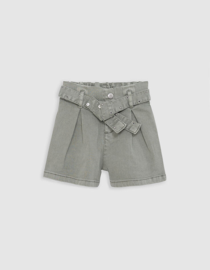 Short en jean kaki ceinture clous et oeillets fille-3