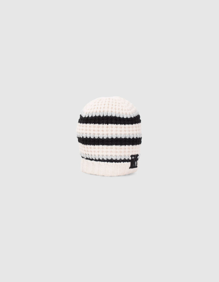 Cremeweiße Mädchenstrickmütze mit Lurex und Streifen-2