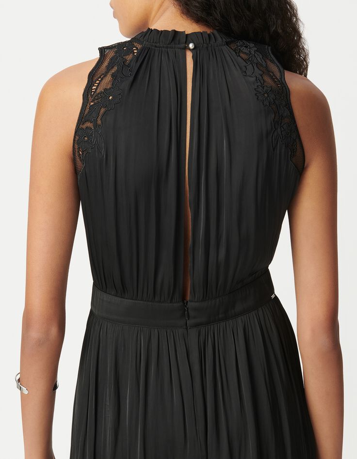 Robe longue noire effet froiss&eacute; avec dentelle Femme-4
