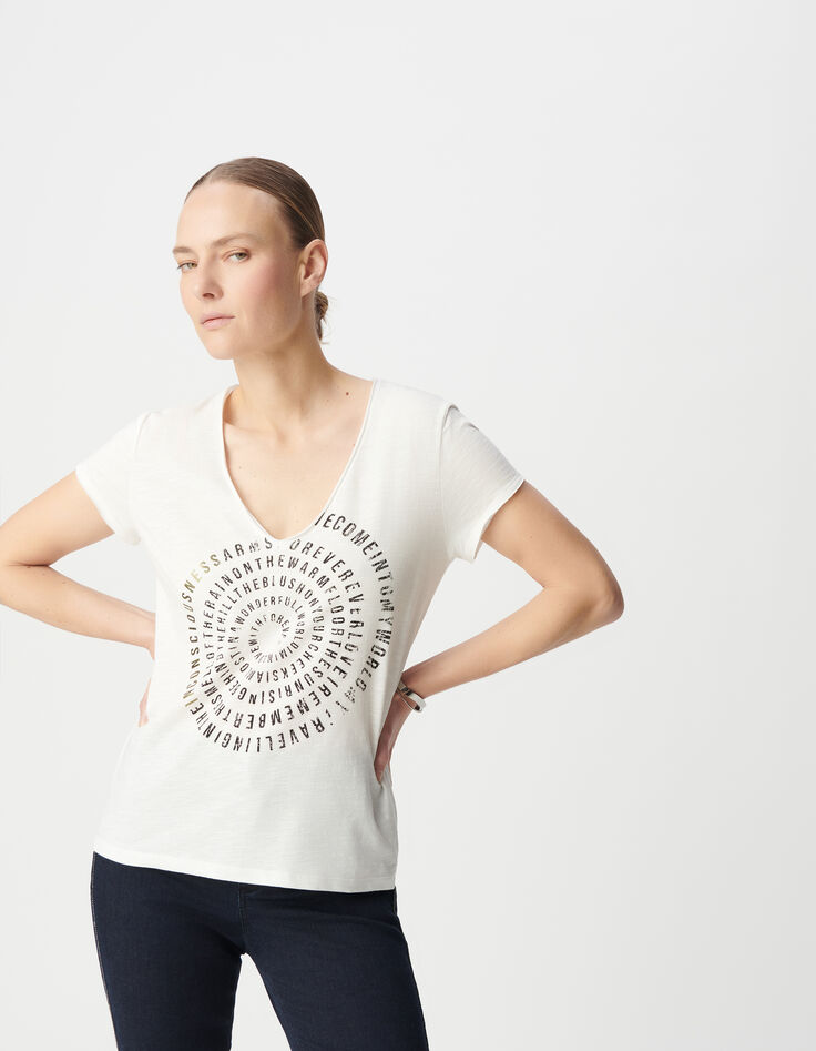 Camiseta blanca con cuello en V y diseño en espiral Tipo Mujer-2