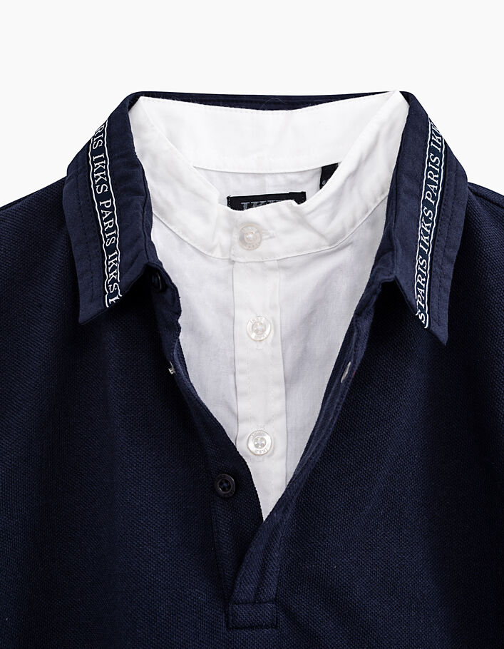 Boys’ navy white Mandarin collar trompe-l'œil polo shirt - IKKS