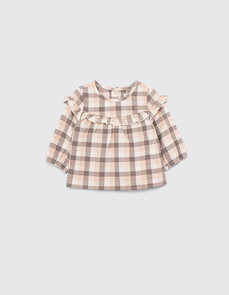 Blouse écrue à carreaux avec volant bébé fille-1 Blouse écrue à carreaux avec volant bébé fille-1