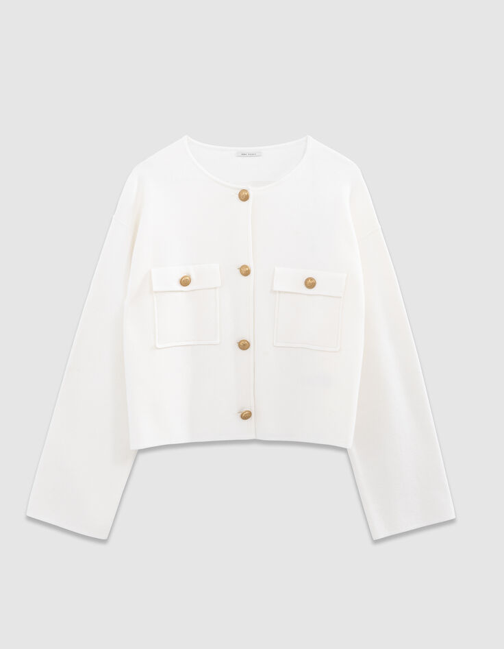 Women’s white knit short cardigan with patch pockets-6
