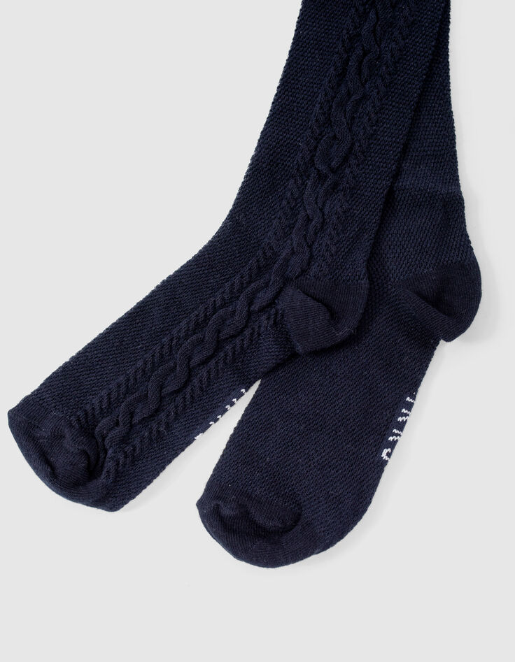 Girls’ navy knit tights with cable knit down legs-2