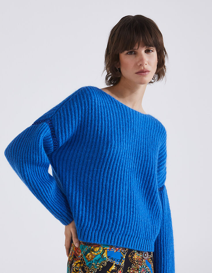 Pull col V en laine mousseuse coloris bleu femme-2