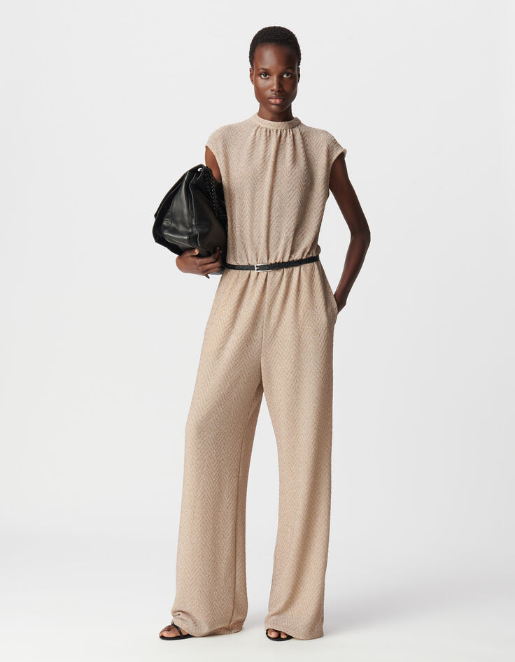 Dames jumpsuit met visgraatmotief in goud-2