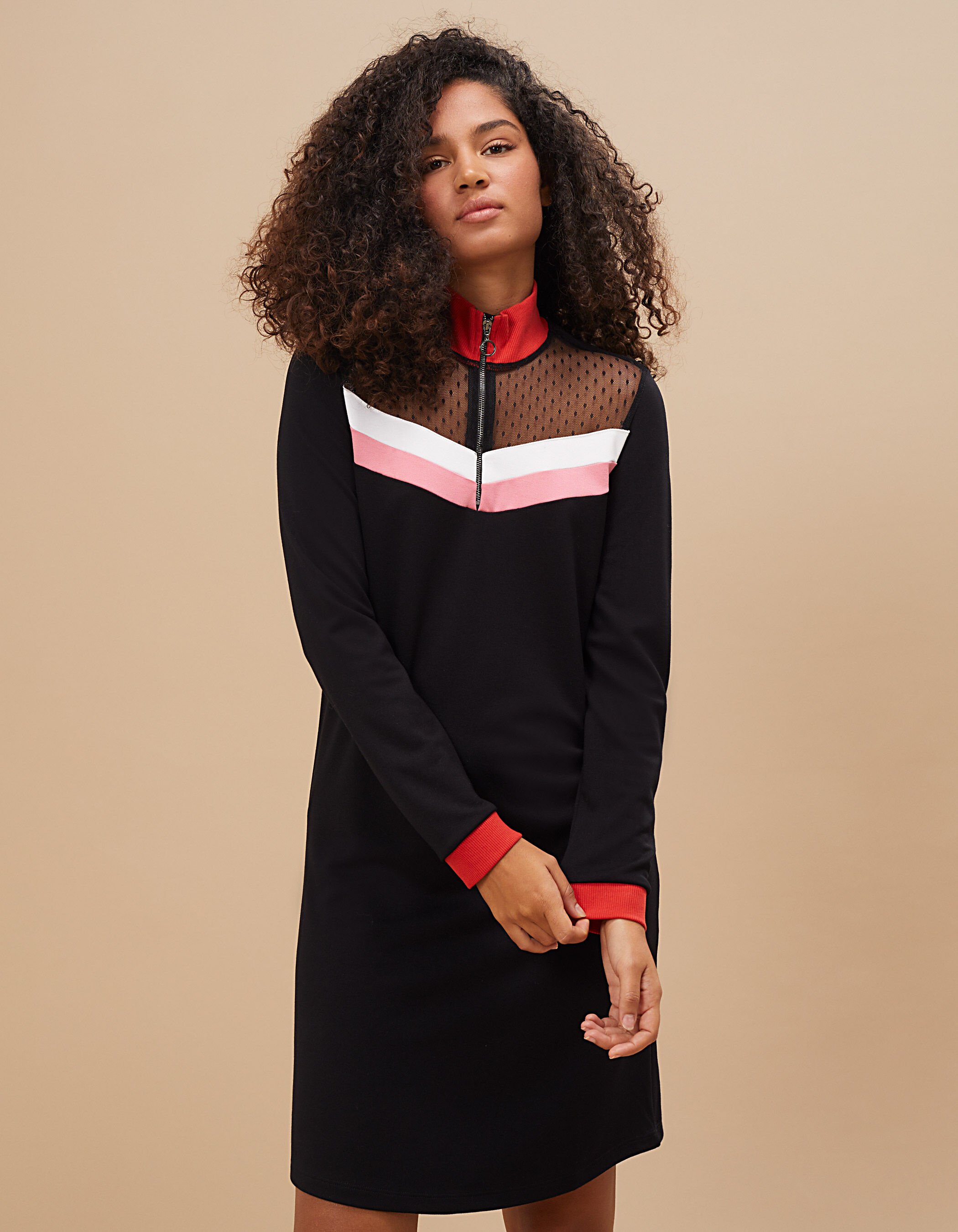 I.Code black dress with two tone stripes and zipped neck