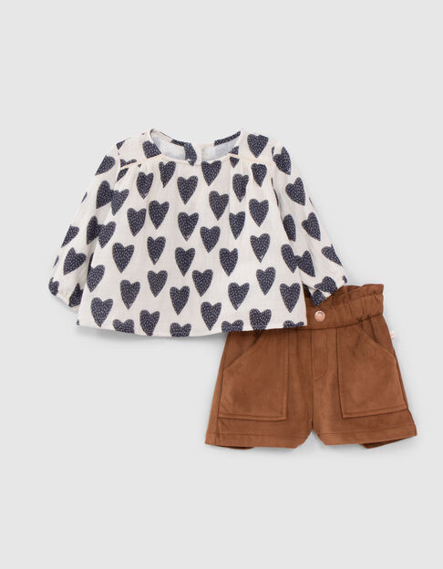 Ensemble 2-en-1 blouse coeurs et short camel bébé fille - IKKS