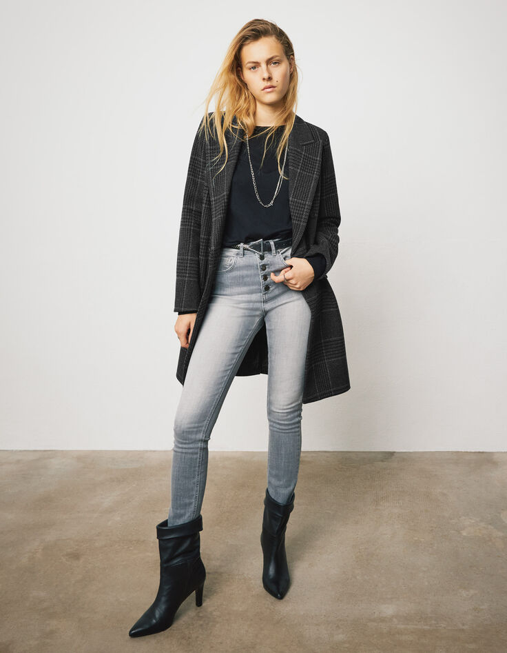 Manteau long à carreaux gris et capuche en molleton femme-5