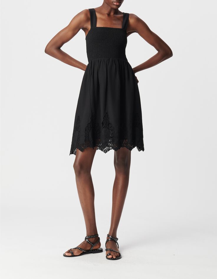 Women's black smocked dress with lace trim IKKS Women's black smocked dress with lace trim IKKS