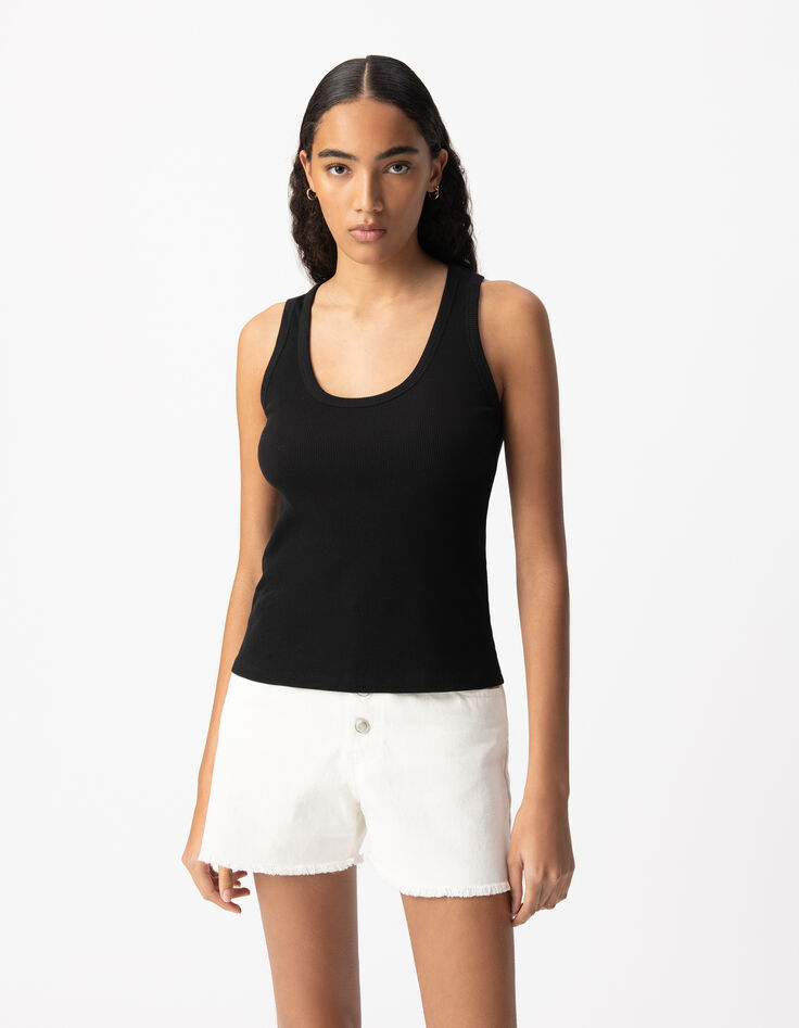 Schwarzes Damen-Tank-Top aus Rippstrick mit gesticktem Fischgrätenrücken-2