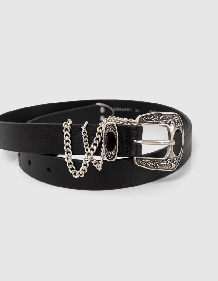 Women's black leather belt with engraved buckle and chains