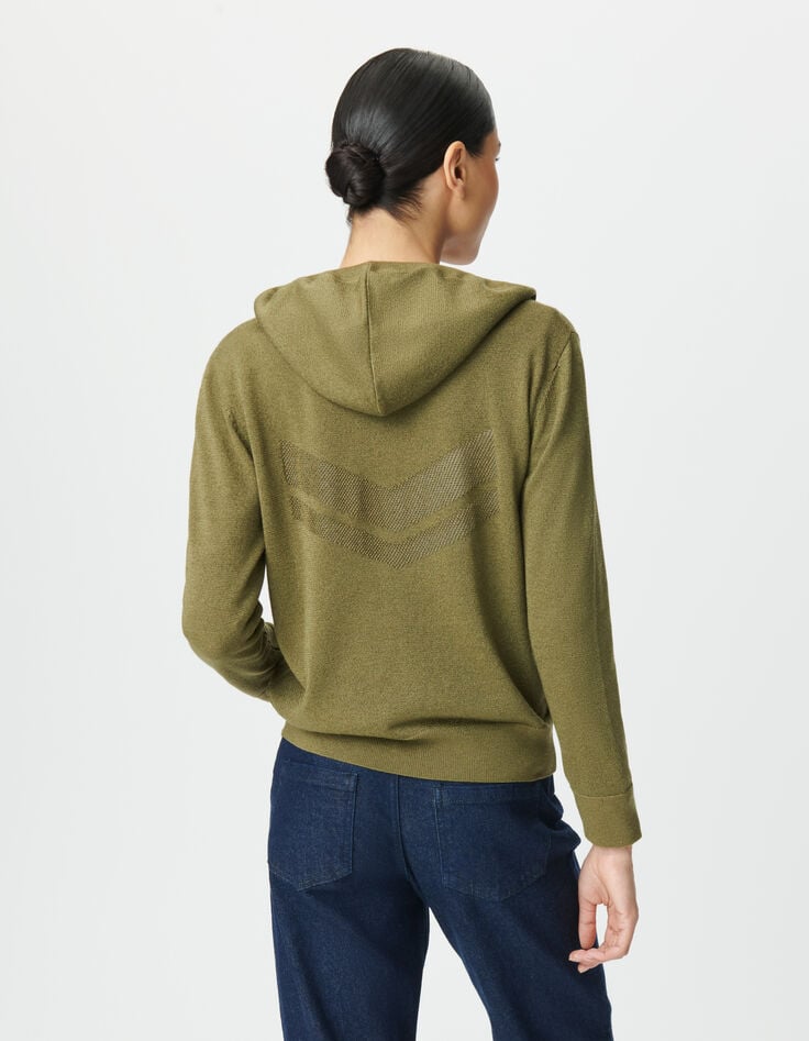 Khaki Damenstrickjacke Kapuze Lurex Fischgräten hinten-4 Khaki Damenstrickjacke Kapuze Lurex Fischgräten hinten-4