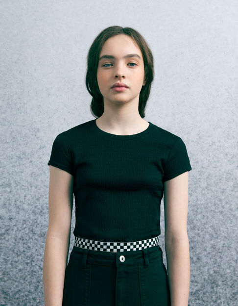 Girls' black checkerboard elasticated cropped T-shirt - IKKS