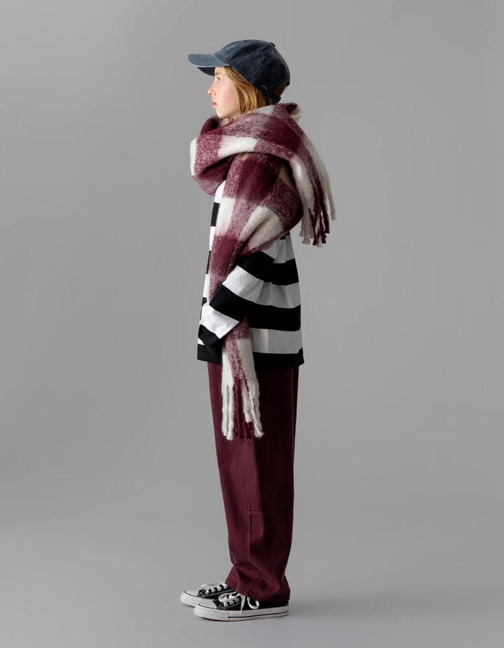 Echarpe frangée bordeaux maxi carreaux blancs fille-3