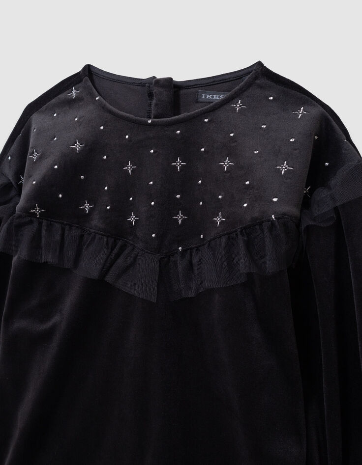 Girls’ black embroidered velvet dress with tulle ruffles-5