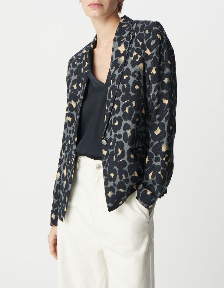 Americana azul marino con estampado animal para mujer-2