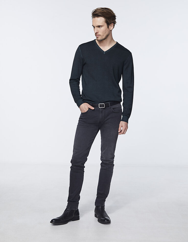 Jersey verde inglés con cuello de pico de lana Hombre-6