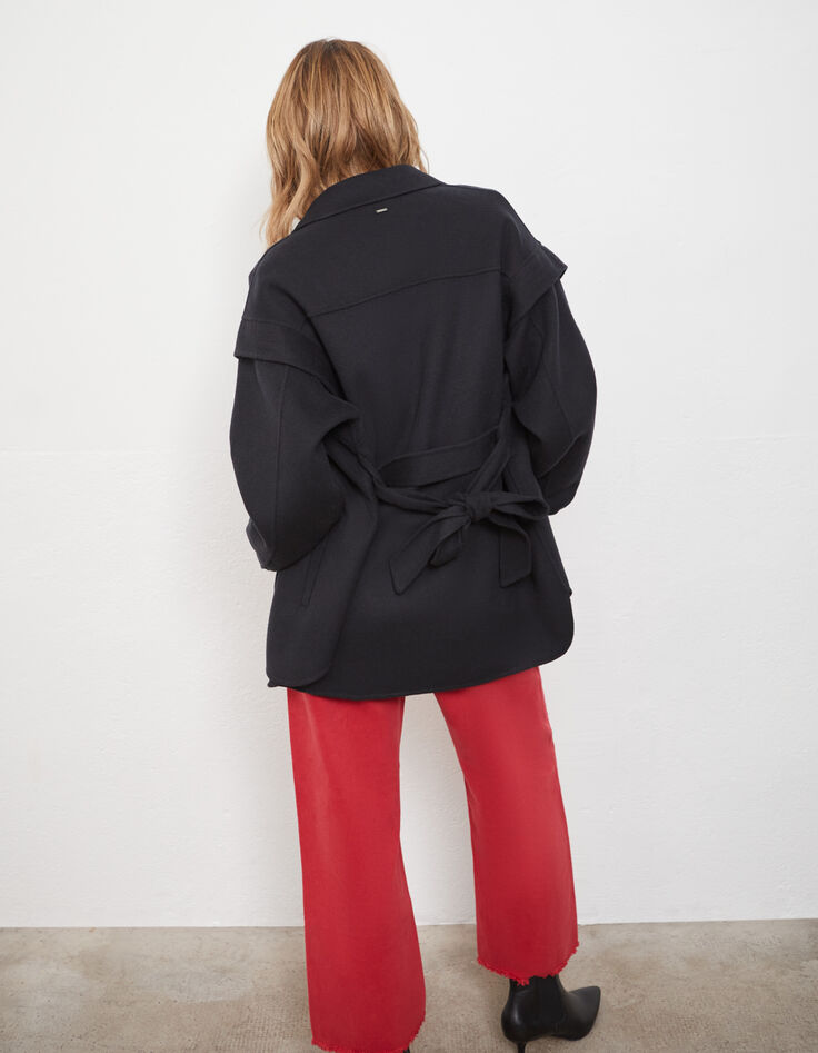 Zwarte jas-overshirt met riem dames-3