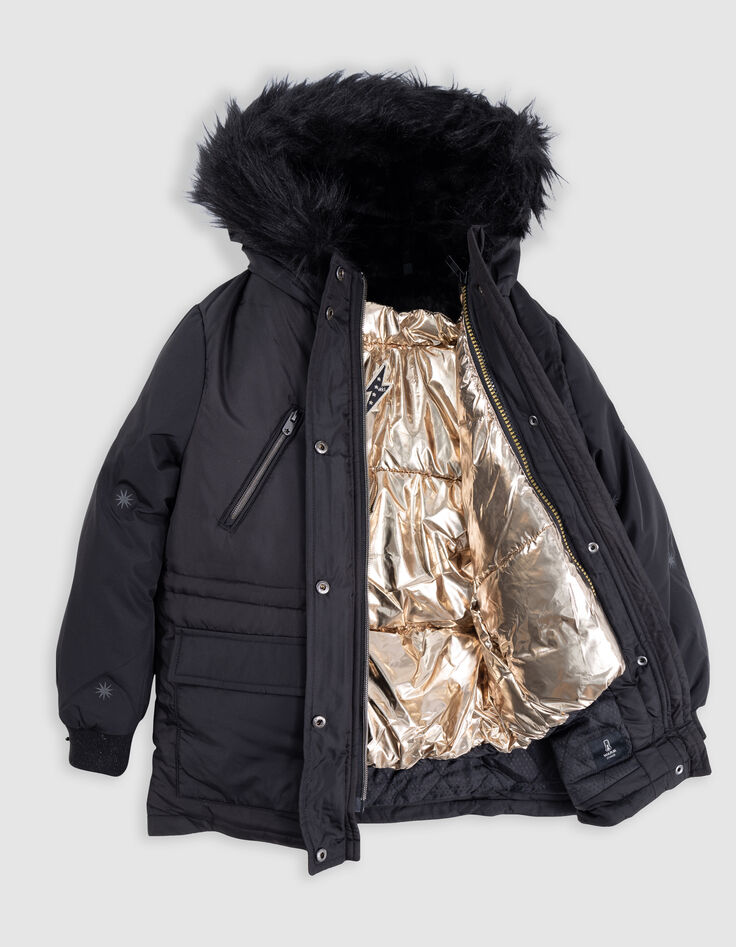 Parka negra 2 en 1 negra con plumas dorado sin mangas niña-3