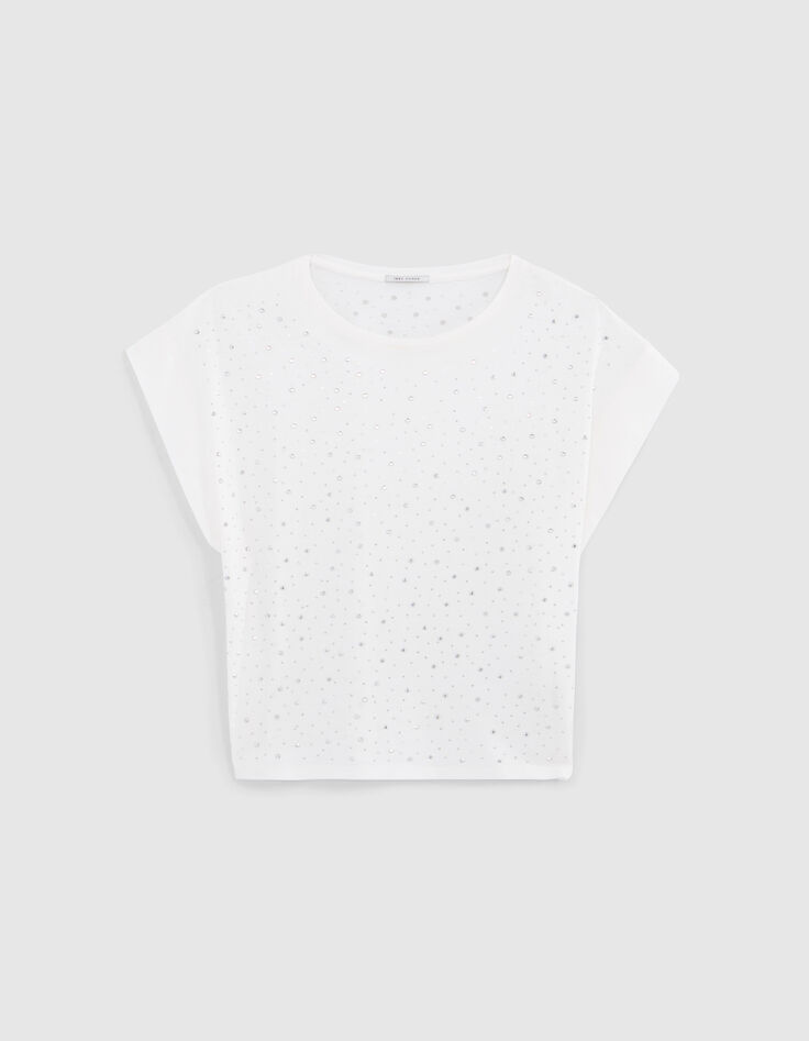 Weißes Damen-T-Shirt mit facettierten Nieten-6 Weißes Damen-T-Shirt mit facettierten Nieten-6
