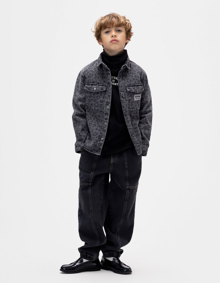 Graues Jungenjeans-Oberhemd Leopardenmuster-1