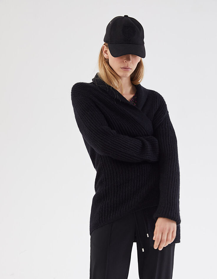 Cardigan noir mi-long broderie dos femme-2