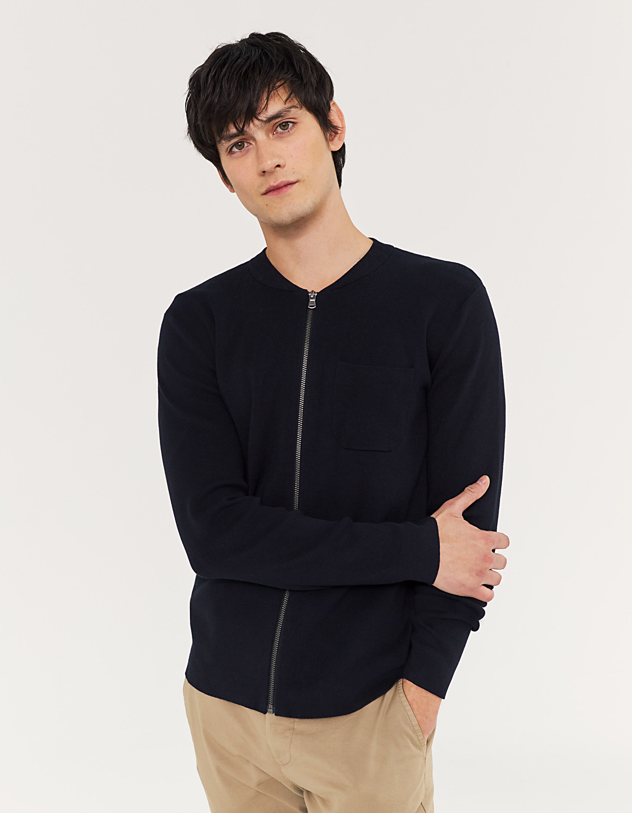 Men's navy knit baseball collar cardigan
