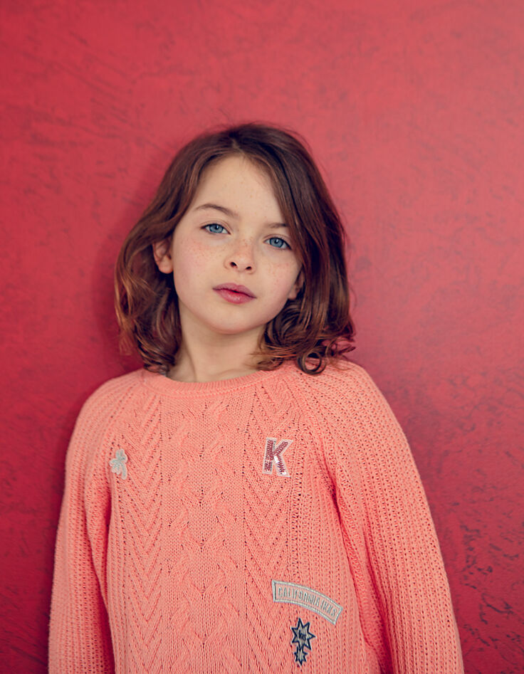Pull pêche avec broderies fille-2 Pull pêche avec broderies fille-2