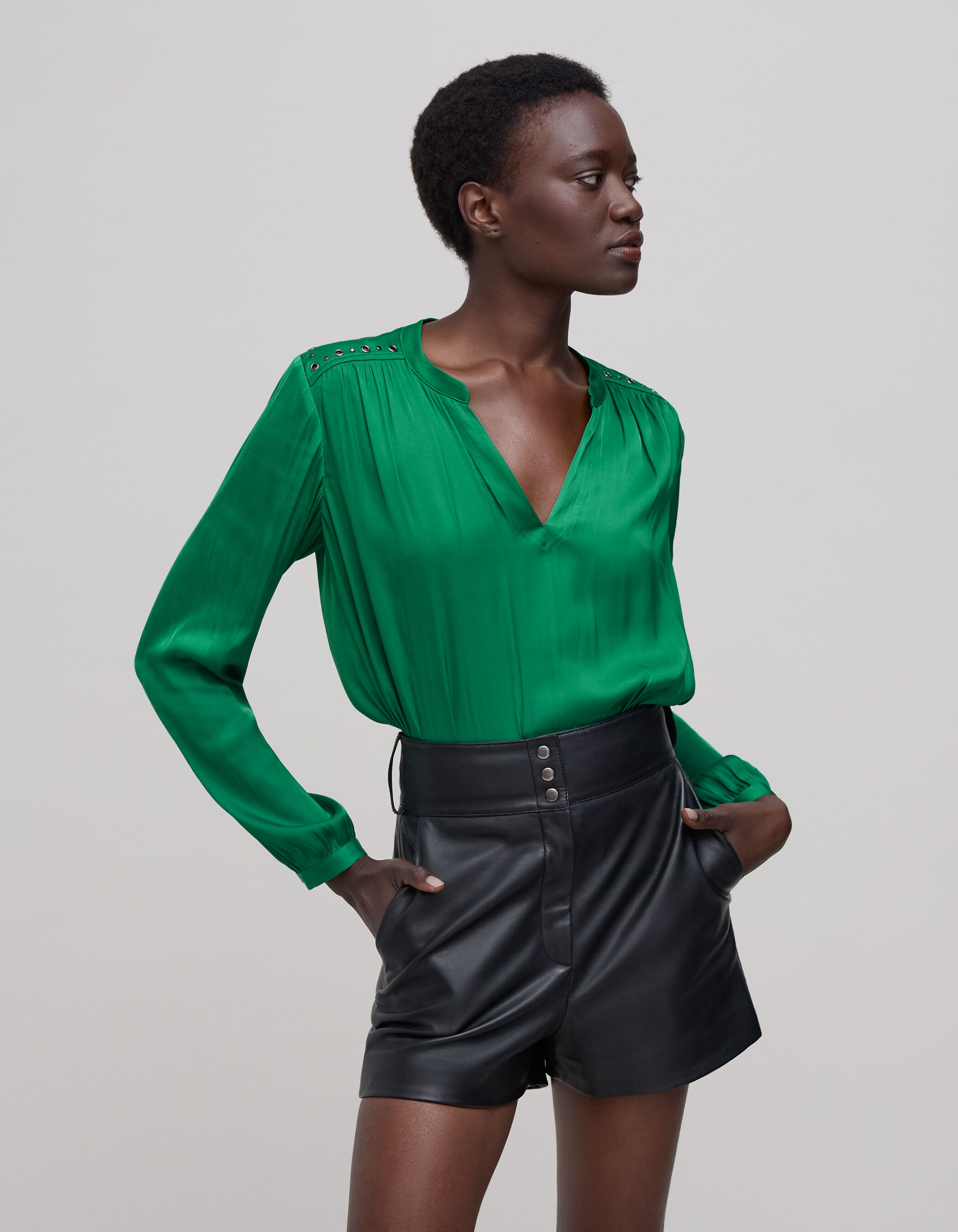 Woman s green crumpled recycled blouse with decoration IKKS
