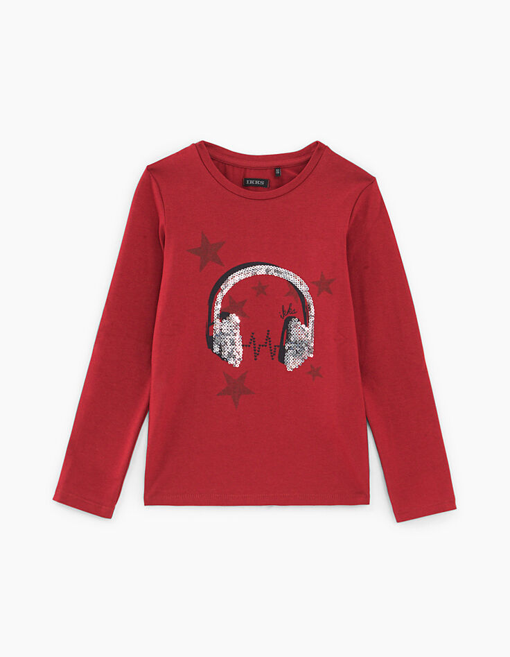 Donkerrood T-shirt met geborduurde koptelefoon meisjes-1