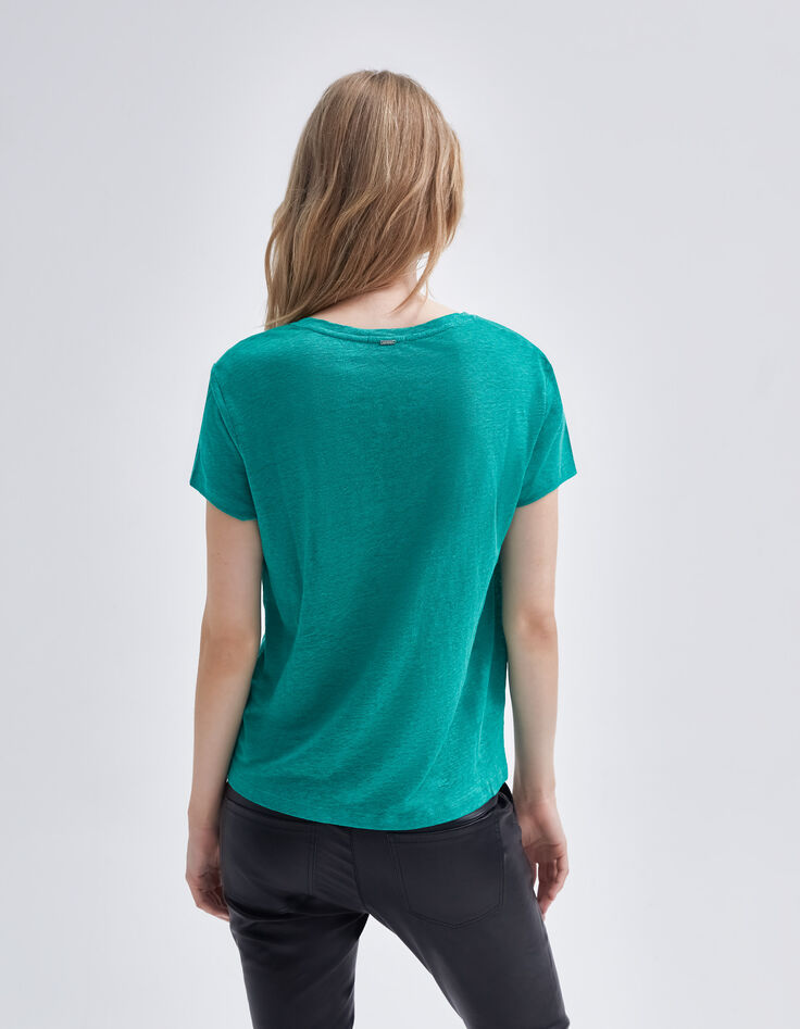 Mintgrünes Damen-T-Shirt aus Leinen mit Stickerei-3 Mintgrünes Damen-T-Shirt aus Leinen mit Stickerei-3