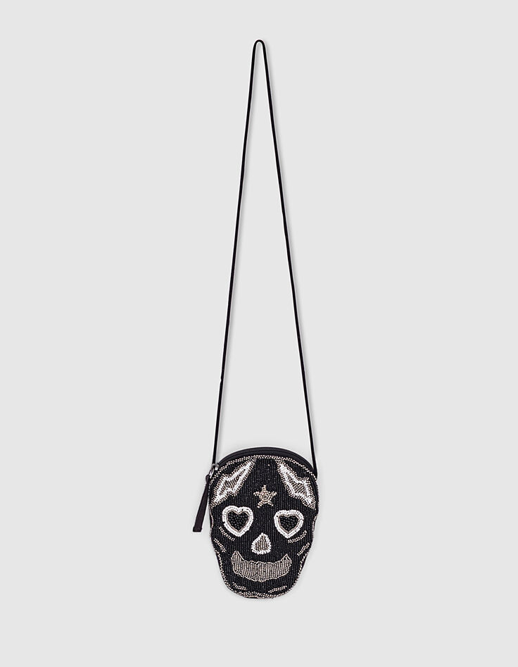 Sac à main noir forme tête de mort brodée fille-1