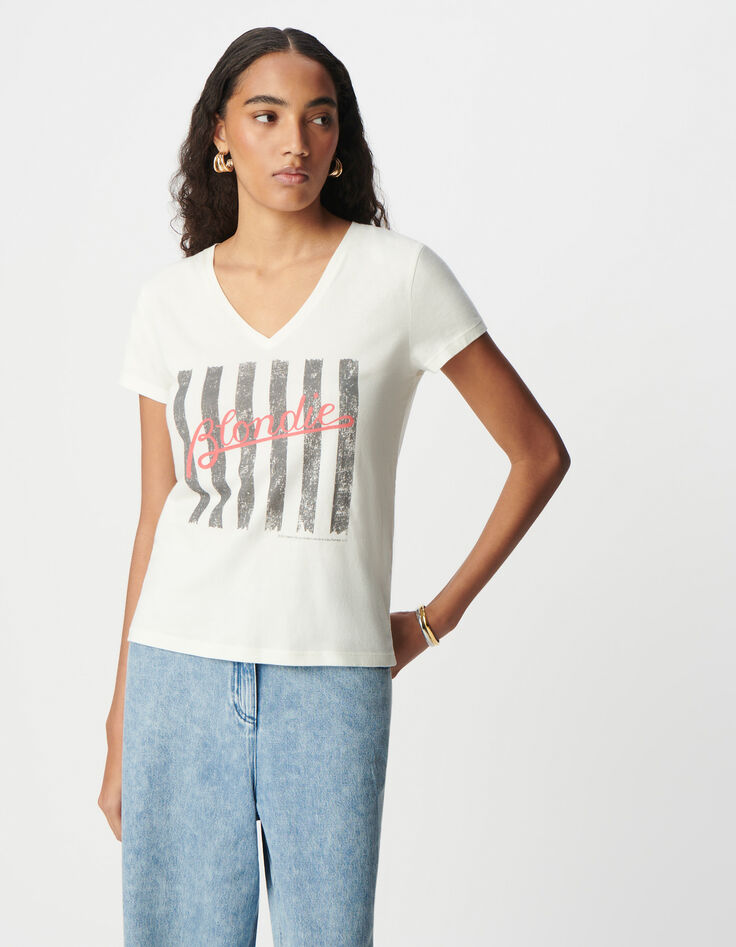 Tee-shirt rock blanc coton bio message et rayures BLONDIE Femme-4