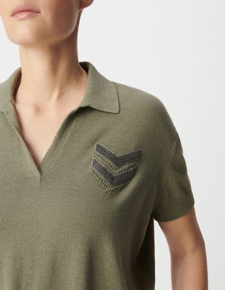 Women's khaki herringbone knit polo sweater-3