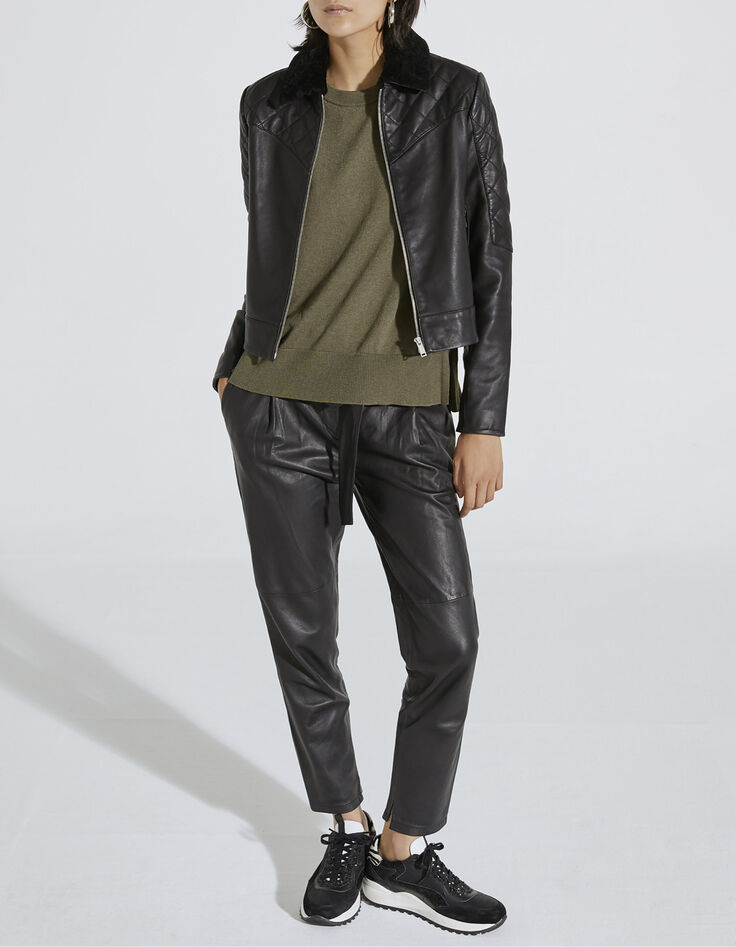 Women’s black quilted leather jacket with sheepskin collar-2