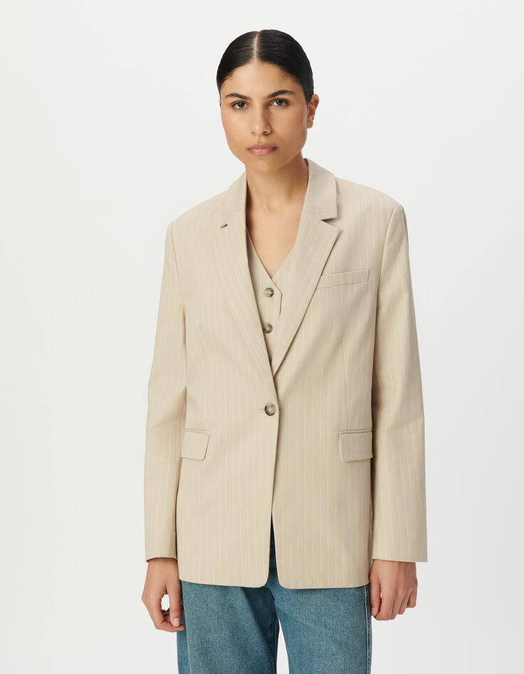 Veste de tailleur beige motif rayures tennis Femme-3 Veste de tailleur beige motif rayures tennis Femme-3