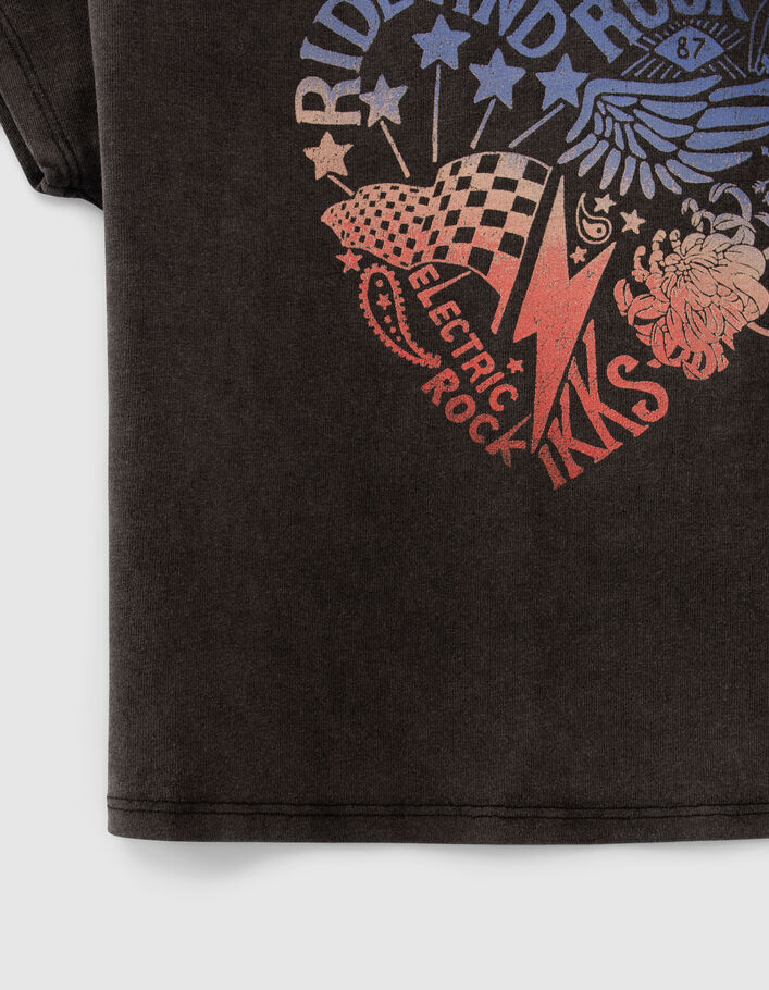 Schwarzes Mädchen-T-Shirt im Crop-Schnitt mit Rocker-Herz - IKKS