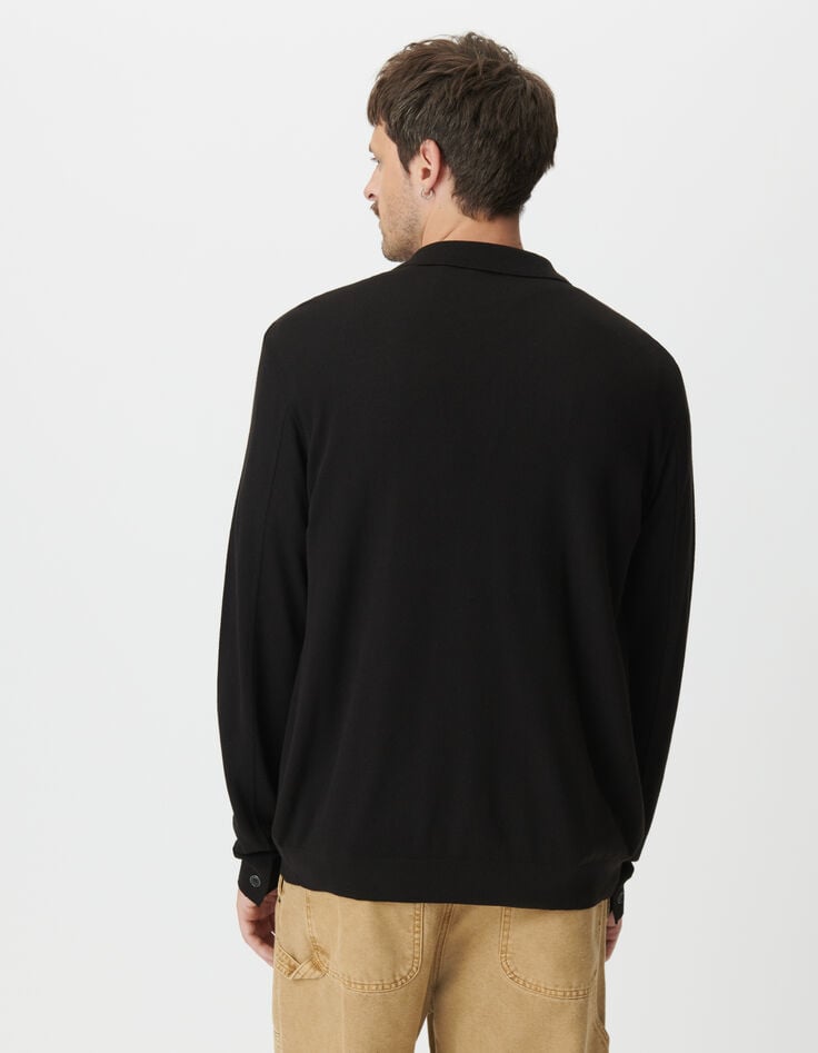 Schwarzes Herrenpoloshirt lange Ärmel Piqué-Strick-2 Schwarzes Herrenpoloshirt lange Ärmel Piqué-Strick-2