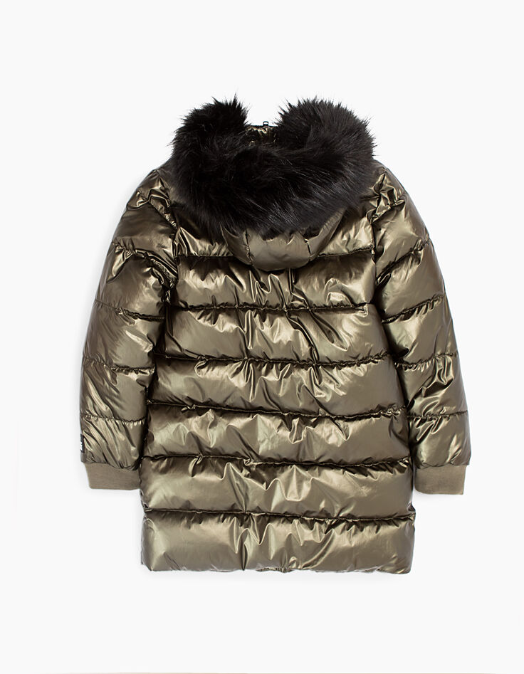 Girls’ khaki metallic-look long padded jacket-5