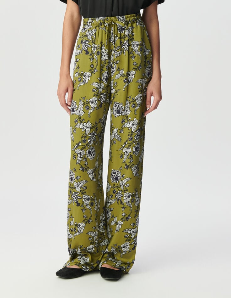 Groene vloeiende wideleg broek bloemenprint Dames-2 Groene vloeiende wideleg broek bloemenprint Dames-2