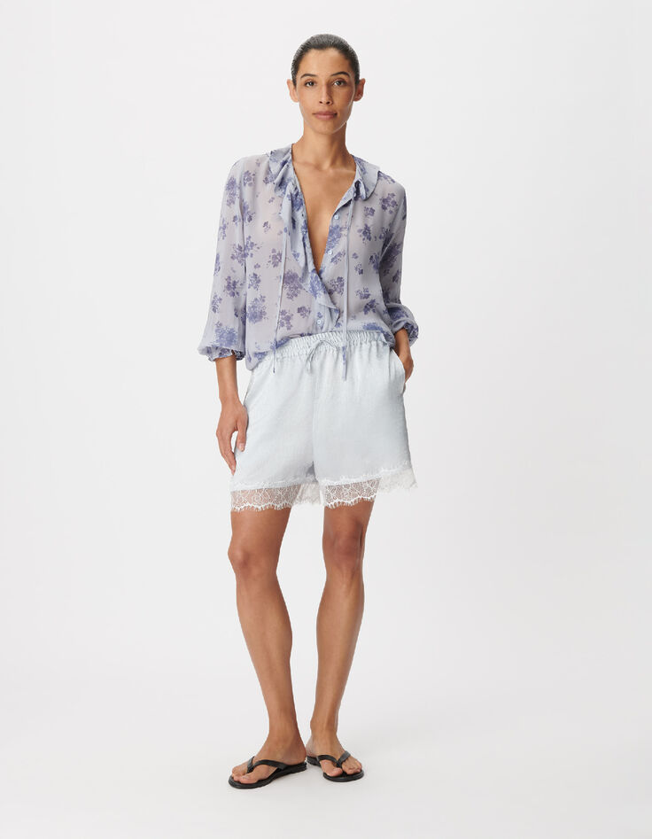Light blue satin shorts with lace trim for women-1