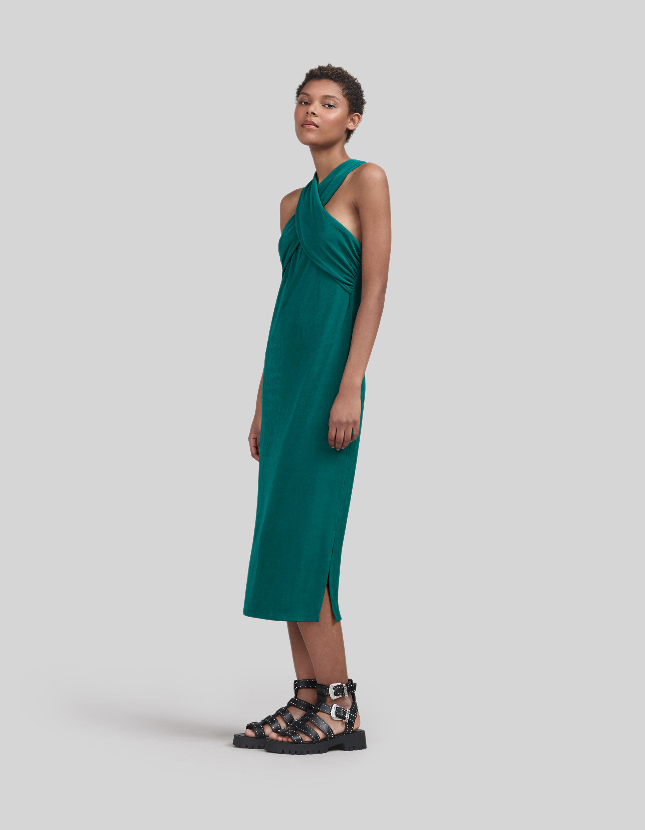 Robe midi emeraude croisee Femme IKKS