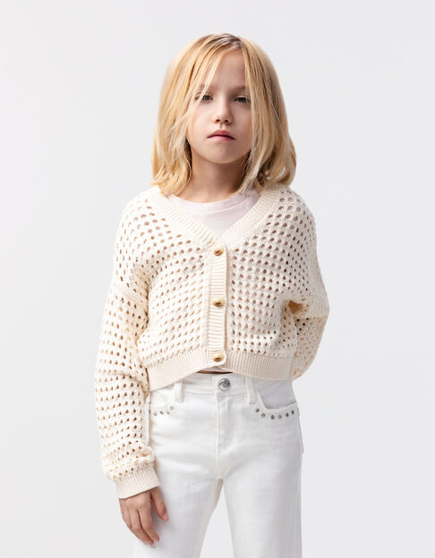 Ecru Mädchenstrickjacke, Biobaumwolle, Lochmuster - IKKS
