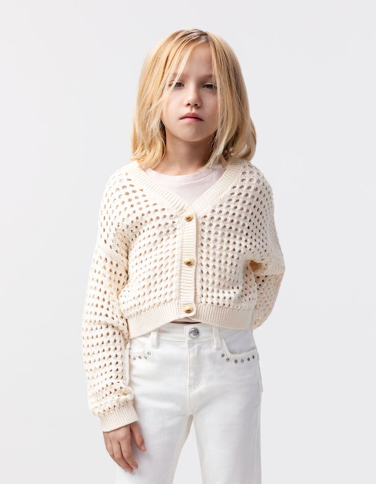 Ecru Mädchenstrickjacke, Biobaumwolle, Lochmuster-1