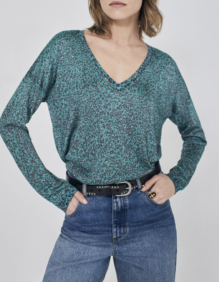 Jersey verde punto leopardo lúrex mujer -2