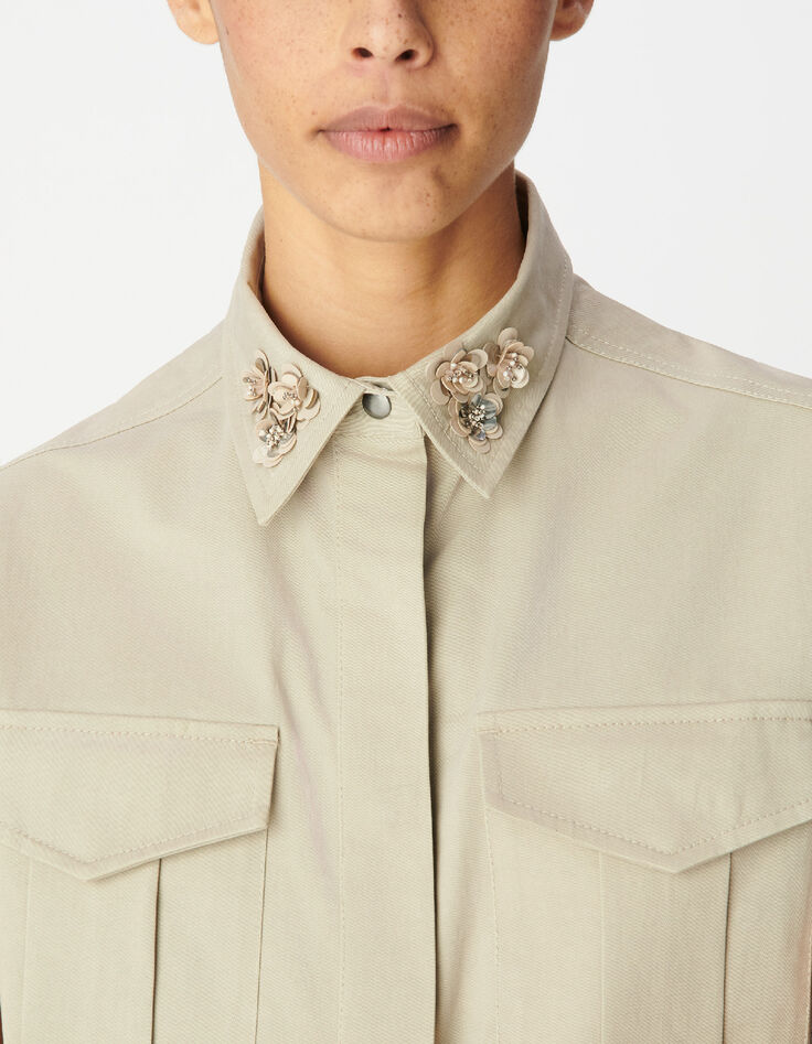 Chemise oversize beige col bijou brod&eacute; Femme-5