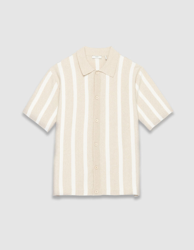 Camisa de punto beige de manga corta con rayas anchas-6