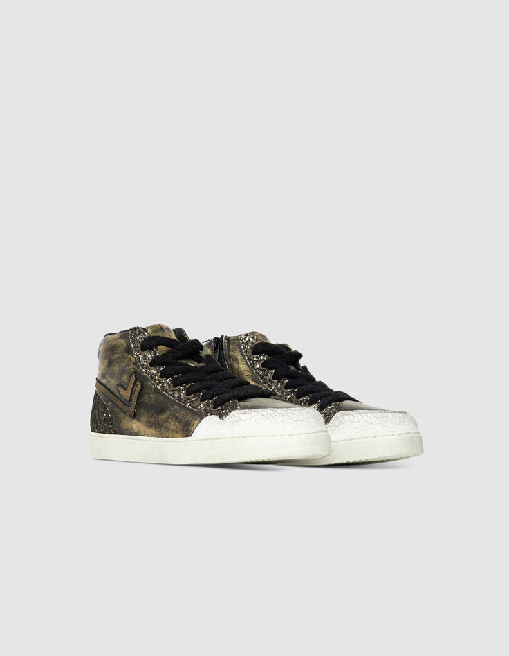 Women’s khaki metallic leather glittery high-top trainers-4