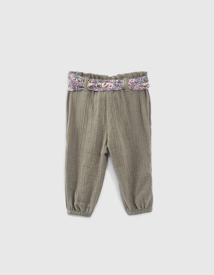 Pantalon kaki à ceinture-foulard végétal bébé fille-4